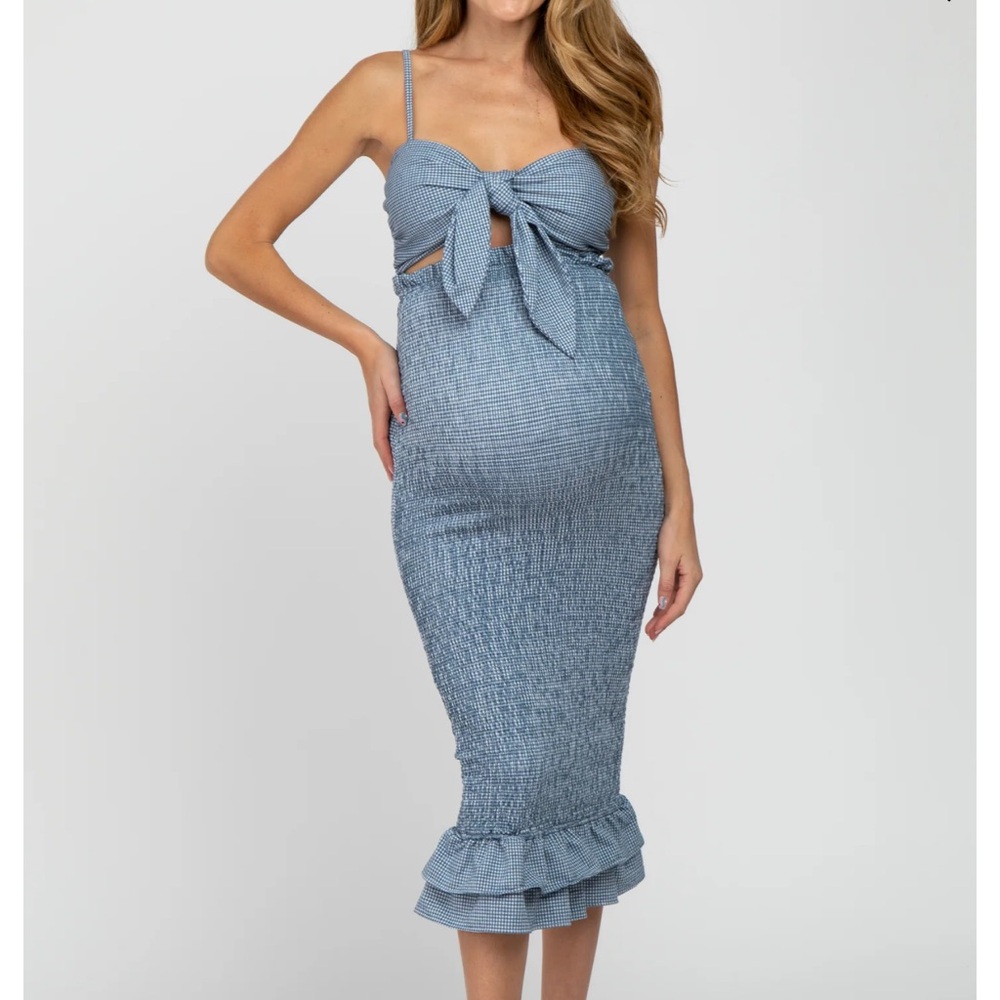 Maternity Blue Gingham Midi Dress with Bow Detail
